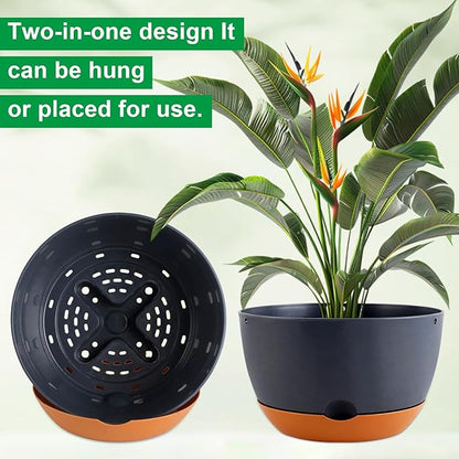 8/8/10/12 Inch Pots for Plants, 4 Pack Large Self Watering Pots for Indoor Plants with Drainage and Saucers, Plastic Outdoor Flower Pot(Grey)