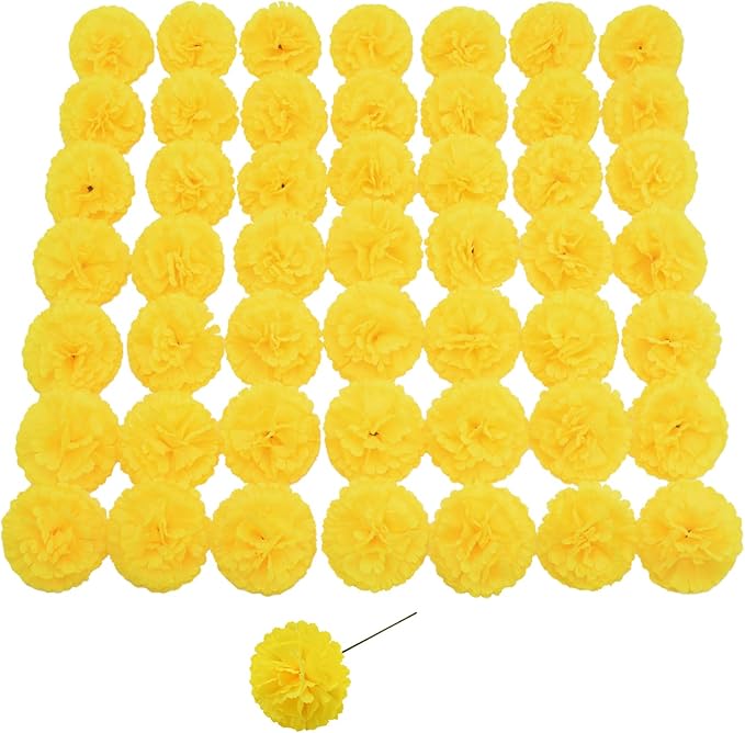 Silk Carnation Flower, 50 Artificial Flowers, Used for Wedding Decoration DIY Handmade Flowers, Carnation Flower Diameter 3.5 Inches and 6 Inches Stem (Yellow)