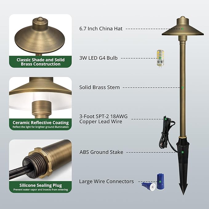 GKOLED Solid Brass Landscape Path Lights (6.7" Shade, 20" Tall), Low Voltage LED 3W 12-24V AC/DC China Hat Path Lighting, 2700K Outdoor Waterproof Walkway Light, with Stake and G4 Bulb, 12 Pack