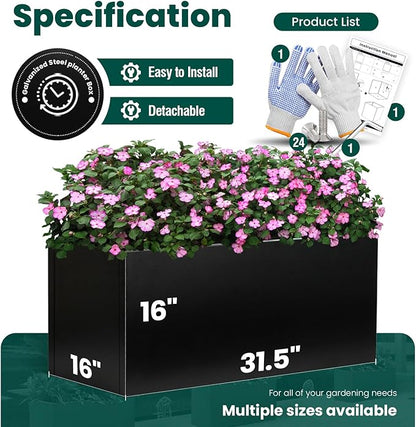 Galvanized Steel Metal Rectangular Planter Black Indoor Planter Box Steel Large Outdoor Planters 31.5" L x 16" W x 16" H Commercial Residential for Patio, Yard, Garden