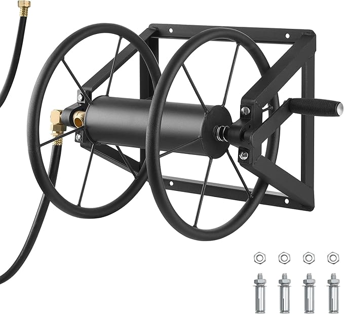 VEVOR Wall Mounted Garden Hose Reel, Holds 200 ft 5/8-inch Manual Water Hose Winder, Heavy-Duty Steel, Outdoor Reel with Brass Fitting & 5ft Leader Hose, Space Saving, for Yard Lawn Garage