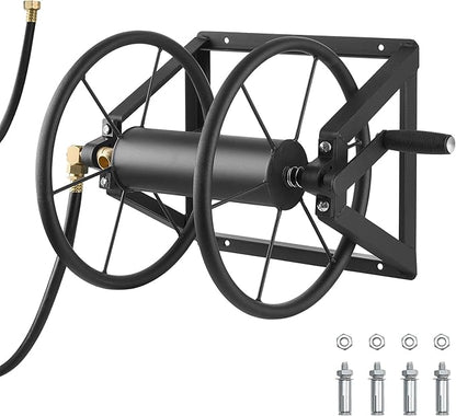 VEVOR Wall Mounted Garden Hose Reel, Holds 200 ft 5/8-inch Manual Water Hose Winder, Heavy-Duty Steel, Outdoor Reel with Brass Fitting & 5ft Leader Hose, Space Saving, for Yard Lawn Garage