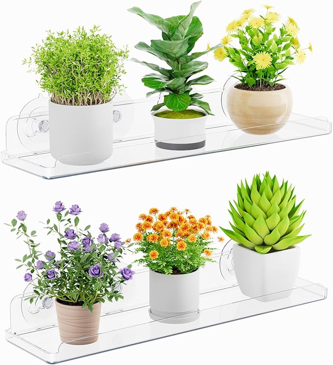 Lifewit Window Plant Floating Shelves 14.6 x 3.6 inch, 2 Pack Acrylic Suction Cup Shelf, Window Sill Extender for Indoor Succulent Plants, Micro Greens, Seed Starter Pots, Herb Planters