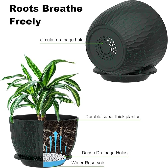 12/10/9 Inch Planter Pots, 3-Pack Large Flower Pots for Indoor Outdoor Garden Plants, Big Plant Pots with Multi Mesh Drainage Holes and Saucer (Black with Green Speckles, 12"+10"+9")