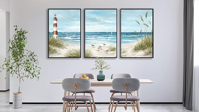 Large Framed Coastal Wall Art - Summer Beach Lanscape Wall Decor Painting 16"x24" Set of 3 Seabird Lighthouse Prints Ocean Waves Canvas Pictures for Living Room Bedroom Office Artwork