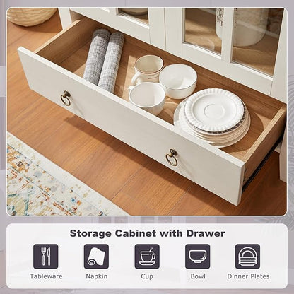 71" Tall Arched Cabinet, Modern Farmhouse Wooden Display Cabinet with Drawer and Glass Doors, 6 Tier Bookshelf w/Adjustable Shelves for Living Room, Office, Antique White