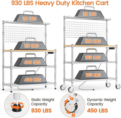 Leteuke Bakers Rack with Power Outlet & Storage, 36 Inch Microwave Stand Kitchen Cart, 4-Tier Metal Kitchen Shelves Cart with Wheels & 20 S-Hooks for Kitchen, NSF Certified, 63 x 18 x 36 Inch-Chrome