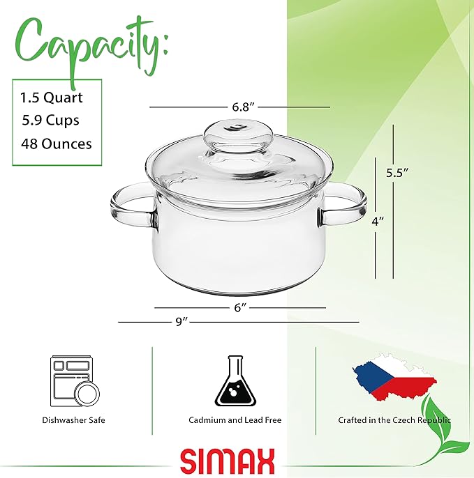 Simax Simmer Pot for Stove Potpourri, 48 Ounce Glass Pots for Cooking on Stove, Clear Pots for Cooking, Glass Cookware, Easy Grip Handles, Oven, Microwave, Stove and Dishwasher Safe Borosilicate Glass