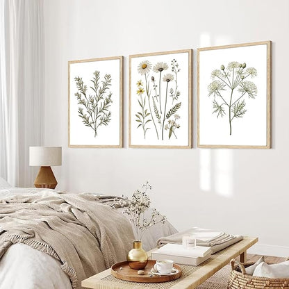 CHMMART 3 Piece Botanical Wildflower Framed Wall Art Floral Canvas Art Prints Green Plant Paintings Wall Decor Flower Pictures Artwork for Living Room Bedroom Bathroom 16x20in