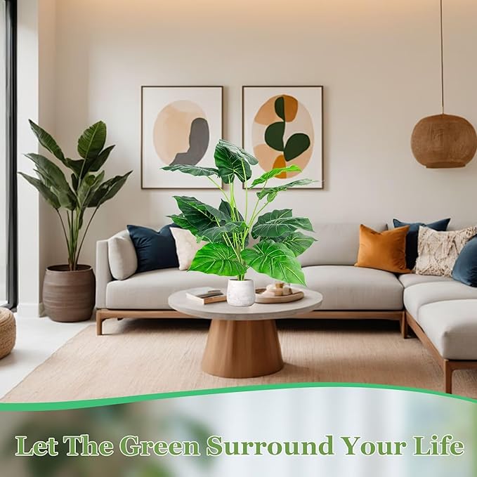 Artificial Faux Alocasia Tree Leave Plants - 2PCS 28'' Tall Fake Alocasia Leaf Plant Indoor Outdoor, Large Faux Floor Plant for Living Room Bathroom Bedroom Plants Decor, Farmhouse Home House Decor