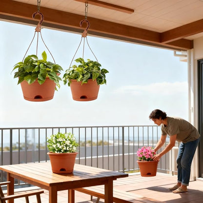 4 Pack Hanging Planters, 10 Inch Hanging Plant Pot with Hanger Chain & Drainage Trays, Hanging Baskets for Plants Outdoor Indoor, Plastic Flowers Pots for Home, Garden Decor (Terracotta Red)