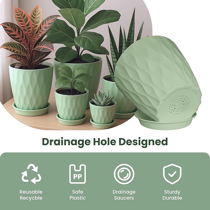 Plastic Flower Pots, 8/7/6/5/4 Inch Plant Pots with Drainage Holes, Plastic Planters for Indoor Outdoor Plants, 5 Pack Nursery Planting Pot for Garden Office Home Decor (Green, 8/7/6/5/4)