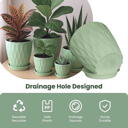 Plastic Flower Pots, 8/7/6/5/4 Inch Plant Pots with Drainage Holes, Plastic Planters for Indoor Outdoor Plants, 5 Pack Nursery Planting Pot for Garden Office Home Decor (Green, 8/7/6/5/4)