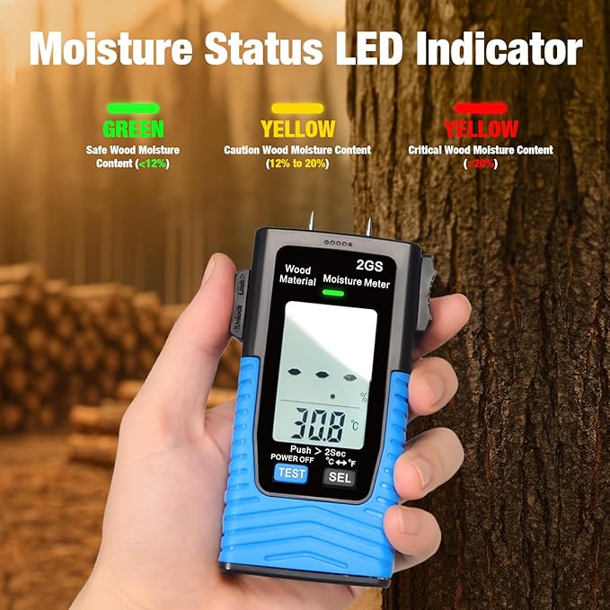Digital Wood Moisture Meter, HOLDPEAK Pin Type Water Leak Detector Handheld Humidity Tester with LED Indicators, Temperature Measurement, Data Record, Moisture Tester for Firewood, Flooring, Drywall