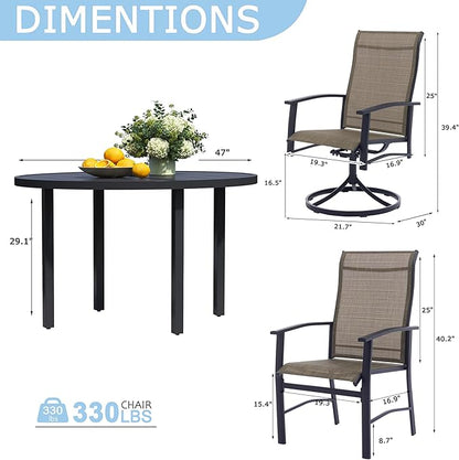 7 Piece Outdoor Dining Set, 47" Black Round Outdoor Dining Table with 2 Mocha Swivel Outdoor Dining Chairs and 4 Fixed Patio Table and Chair Set of 6 for Lawn, Garden, or Porch