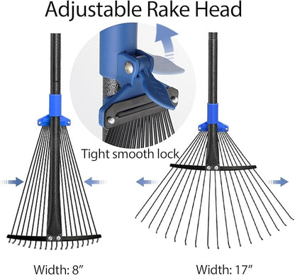 Metal Rake for Leaves Heavy Duty, Adjustable Garden Leaf Rake with Expandable Head 8-17", Shrub Pine Needle Kids Hand Yard Rake Garden Tool 30-70"
