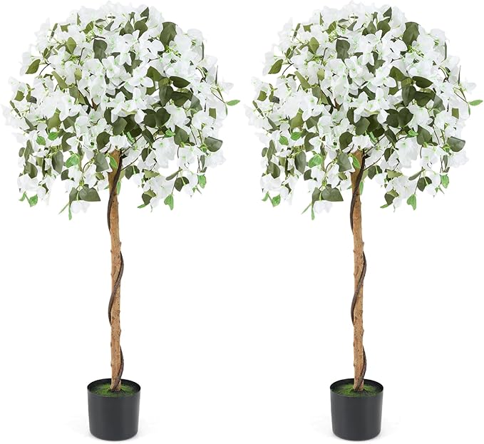 GOFLAME 53" Artificial Bougainvillea Tree, 2 Pack Faux Silk Flower Plant in Pot with 576 Flowers & 288 Leaves, Indoor Outdoor Fake Bougainvillea for Home, Office and Garden Decor, White