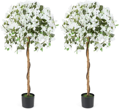 GOFLAME 53" Artificial Bougainvillea Tree, 2 Pack Faux Silk Flower Plant in Pot with 576 Flowers & 288 Leaves, Indoor Outdoor Fake Bougainvillea for Home, Office and Garden Decor, White