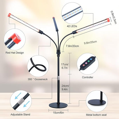 3Head Table Top Grow Lights for Indoor Plants, Seed Starting, Vegetables, Bonsai with Auto On/Off Timer 4/8/12H, 27W Power Full Spectrum Desk LED Plant Growing Lamps, 360° Gooseneck