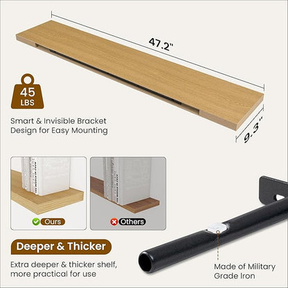 Fun Memories 48 Inch Deep Floating Shelves for Wall, 2 Pack of Long Wall Mounted Wood Shelves with Invisible Brackets for Bathroom, Bedroom, Living Room, Kitchen Decor and Storage, Oak