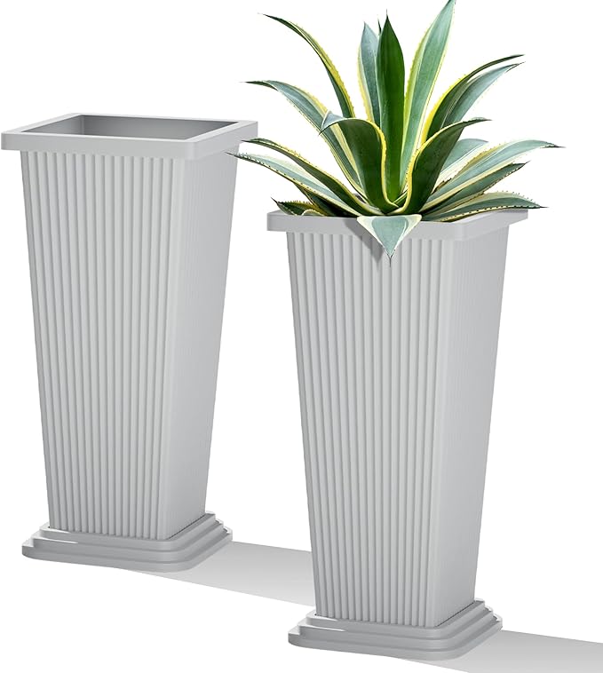 24 Inch Tall Tapered Square Planters (Set of 2) - Indoor Outdoor Large Flower Pots with Built-in Drainage & Matching Water Tray for Patio, Garden, Home - White