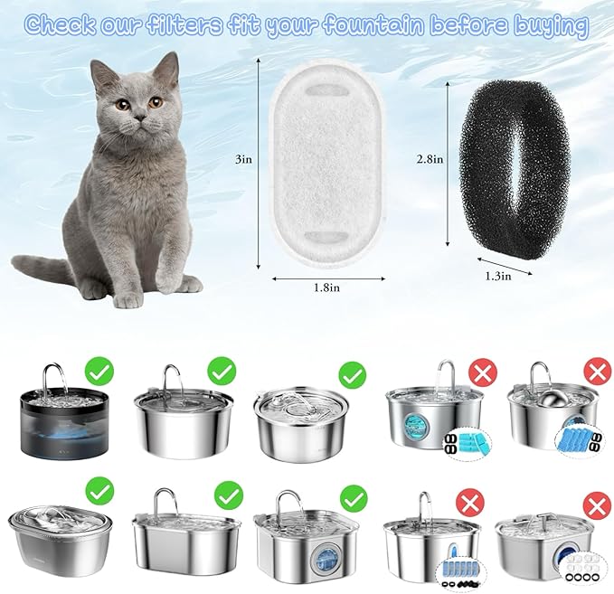 15+15 Pack Cat Water Fountain Filters, Pet Water Fountain Filters Replacement for Dog/Cat Stainless Steel Fountain 108oz/3.2L& 67oz/2L, 10 Months Set to Keep Drinking Fresh