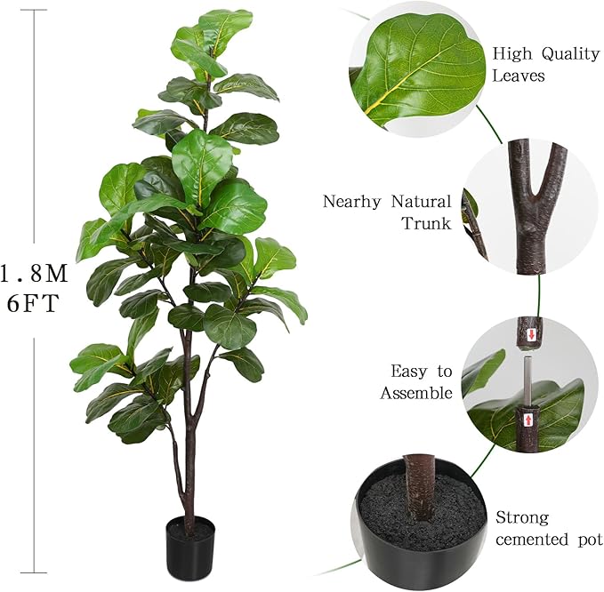 6ft Artificial Fiddle Leaf Fig Tree Plant,Fake Ficus Lyrata in Pot,Ficus Faux Plant Artificial Trees for Office Indoor Outdoor Garden Living Room Home Decor 1PCS-71in