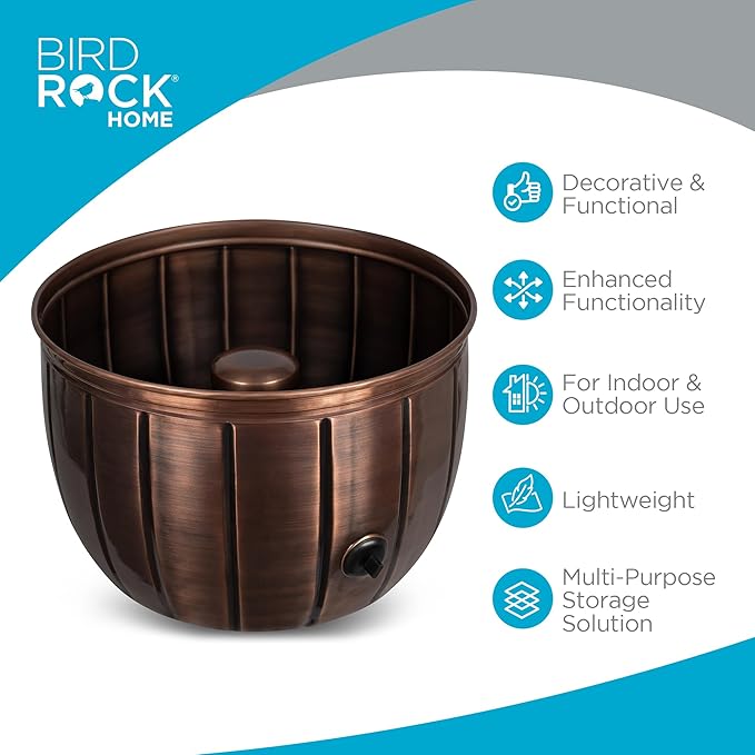 BIRDROCK HOME Water Hose Holder - Decorative Metal Pot, Indoor or Outdoor, Garden Storage Organizer, Patio Portable Bucket - Antique Copper, Holds up to 100ft Hoses, Medium No Lid