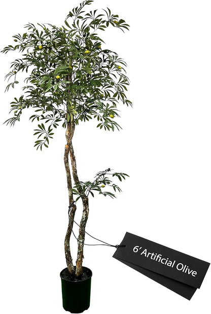 Cypress & Alabaster Handmade 6ft Mediterranean Olive Artificial Tree with Ethically Sourced Real Wood Trunks, Hypoallergenic, 6-Foot, Green