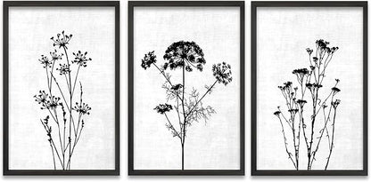 TQianJiang Flower Plant Wall Decor 24"x16" Black And White Botanical Painting Wood Framed Set of 3 Bedroom Office Abstract Wildflower Sign Hanging Art (Black)