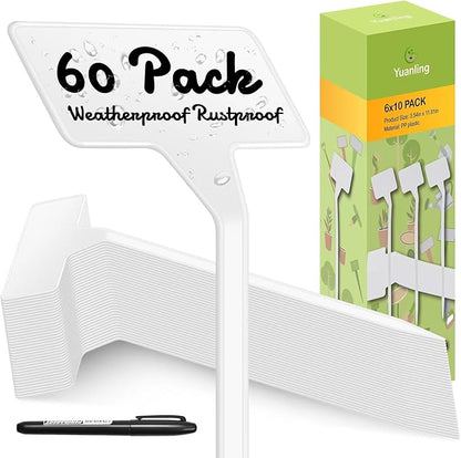 Plant Labels 60 Pcs Yuanling Large 11.8 Inch Plant Markers Signs Plastic Waterproof Garden Label Stakes T-Type Plant Garden Tags with Marker Pen for Flower Herb Pot Plant (White)