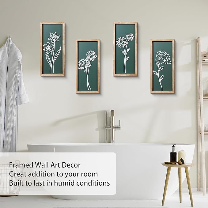 HKBS 3D Wooden Floral Wall Art, Set of 4 Framed Flowers Wall Art Sculptures, Boho Farmhouse Minimalist Decor for Bathroom Bedroom Living Room Kitchen or Office Wall Decorations Housewarming Gifts (Green)