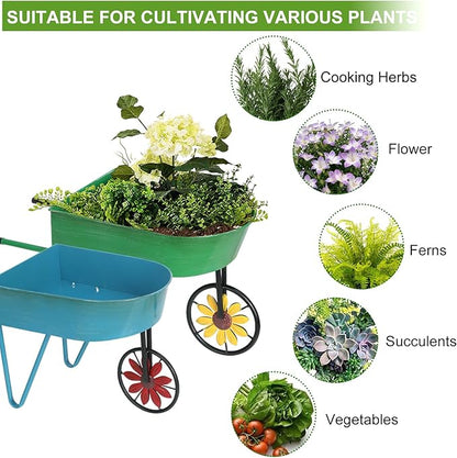 BAYN Metal Wheelbarrow Flower Cart Planter, 2 Packs Plant Stands with Triangular Support Handles Non-Rolling Wheel Vintage Wagon Planter Pots for Home Patio Garden Backyard Rustic Outdoor Decor