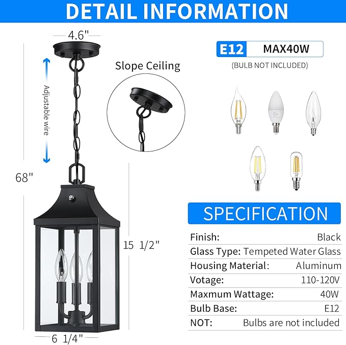 15'' Large Outdoor Pendant Light Fixtures 3-Light, Dusk to Dawn Exterior Hanging Lantern Porch Light Adjustable, Black Hanging Lamp Farmhouse Exterior Chandelier Ceiling Mount for Patio, 1Pack