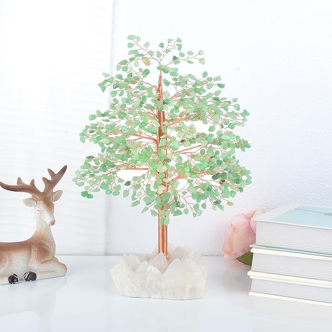 Green Aventurine with Crystal Quartz Base,Gemstone Crystal Tree of Life,Feng Shui Decor Bonsai Money Tree,Healing Crystals Positive Energy-Good Luck Spiritual Gift10''-11''