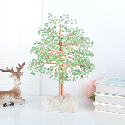 Green Aventurine with Crystal Quartz Base,Gemstone Crystal Tree of Life,Feng Shui Decor Bonsai Money Tree,Healing Crystals Positive Energy-Good Luck Spiritual Gift10''-11''