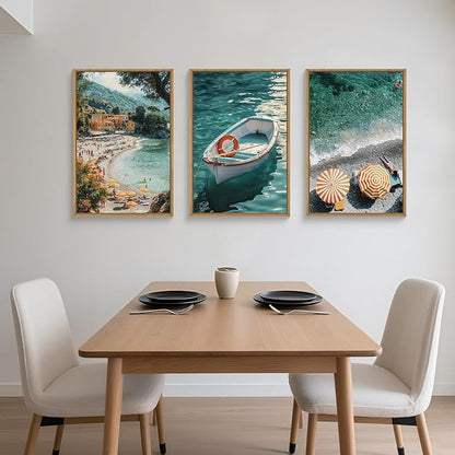 Natural Coastal Ocean Framed Canvas Wall Art Set,Mediterranean Amalfi Blue Green Beach Seascape Decor,Modern Summer Seaside Boat & Umbrella Artwork for Living Room,Bedroom,Farmhouse- 16"x24"x3