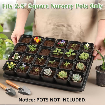 24 Cell Nursery Pots Trays 10 Pack (17"x11"x1.6"), Reusable Plastic Plant Pot Tray with Drain Holes, Carrying Seed Starter Tray for Holding 2.8 inch (7CM) Square Nursery Pots (Black)