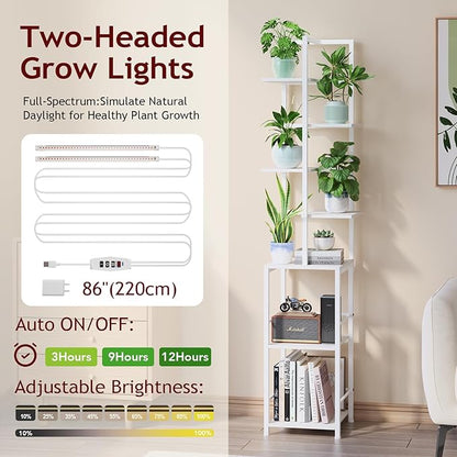 Plant Stand Indoor with Grow Light, 7-Tiered Tall Plant Stand Indoor, Metal Plant Shelf with Bookshelf Bookcase and Adjustable Light, Ideal for Living Room, Reading room, Garden, Patio (white)