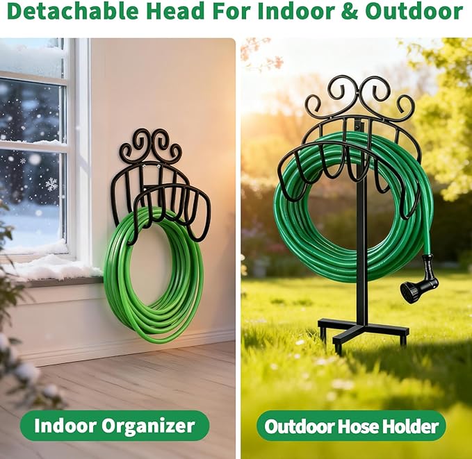AMAGABELI GARDEN & HOME Hose Holder for Outside Freestanding 150 Feet Christmas Gift Heavy Duty Metal Detachable Rustproof Hose Stand Hanger Decorative Hose Storage With Ground Stakes Garden Lawn
