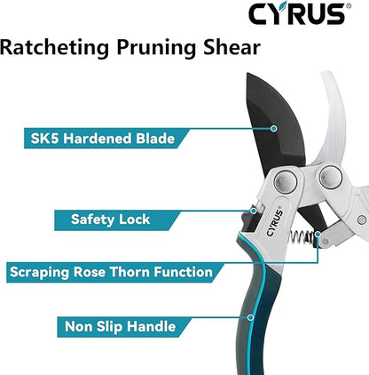 CYRUS Pruning Garden Shears with Ratchet labor-saving Lever, Carbon Steel Non-Stick Blade, Aluminum Handle & Safety Lock, Sharp Flower Scissors for Trimming Branches Up to 0.9 Inch