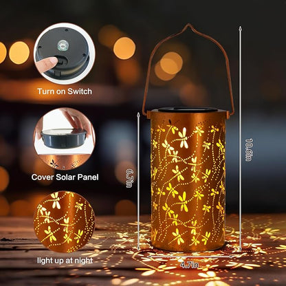 Christmas Gifts For women,Solar Lanterns Outdoor Hanging Lantern Lights, Dragonfly Hollowed-Out Metal Decor Lantern, Waterproof LED Decorative Garden Light - Delicate Garden Decoration for Patio, Yard