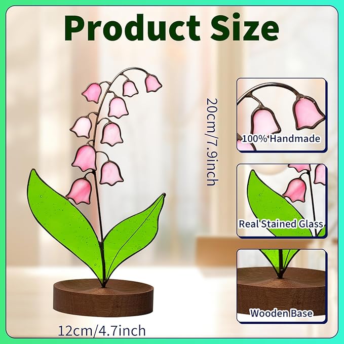 Lily of Valley Stained Glass Decor, Handmade Real Stained Glass Lily of Valley Flower Suncatchers with Walnut Wood Base, Cute Desk Windowsill Decor Plant Gifts for Women,Mom,Plant Lovers (Pink)