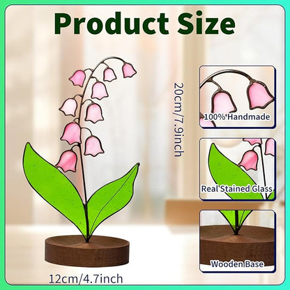 Lily of Valley Stained Glass Decor, Handmade Real Stained Glass Lily of Valley Flower Suncatchers with Walnut Wood Base, Cute Desk Windowsill Decor Plant Gifts for Women,Mom,Plant Lovers (Pink)