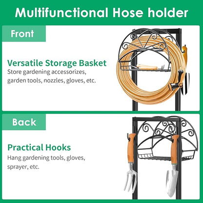 TomCare Garden Hose Holder Upgraded Water Hose Holder with Storage Basket 2 Tool Hooks Heavy Duty 4 Spikes Hose Hanger Holds 160ft Hoses Freestanding Hoses Storage Organizer for Outside Yard