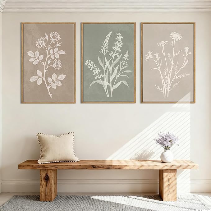Anyzal Large Neutral Botanical Wall Art Boho Plant Artwork Farmhouse Floral Painting for Living Room Bedroom Dining Room 24x36 Inch Set of 3
