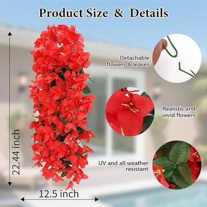 NESCCI Bougainvillea Artificial Flowers Plants for Outdoor Outside Fall Autumn Decor, 4 PCS Faux Silk Long Trailing Vines UV Resistant Fake Flowers for Front Door Porch Planter Urn Patio