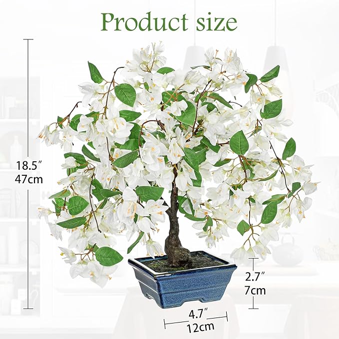 Briful Artificial Bougainvillea Tree in Blue Pot 18.5" Tall Faux Bougainvillea Floral Tree Tropical Silk Fake Bougainvillea Plant for Home Office Living Room Table Décor(White)