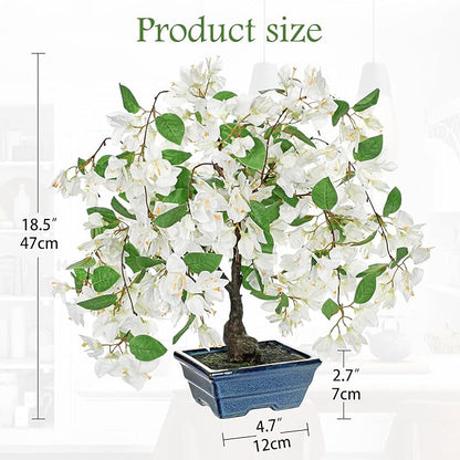 Briful Artificial Bougainvillea Tree in Blue Pot 18.5" Tall Faux Bougainvillea Floral Tree Tropical Silk Fake Bougainvillea Plant for Home Office Living Room Table Décor(White)