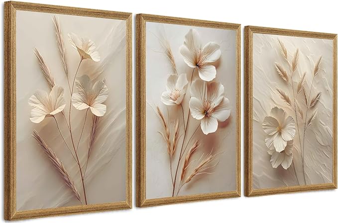 FYLDPSB 3Pcs Framed Neutral Beige Floral Canvas Wall art, Modern Simple Texture Plant Painting Wall Decor, Vintage Flower Poster Prints for Living Room Bedroom Farmhouse Ready to Hang 24''L x 16''W